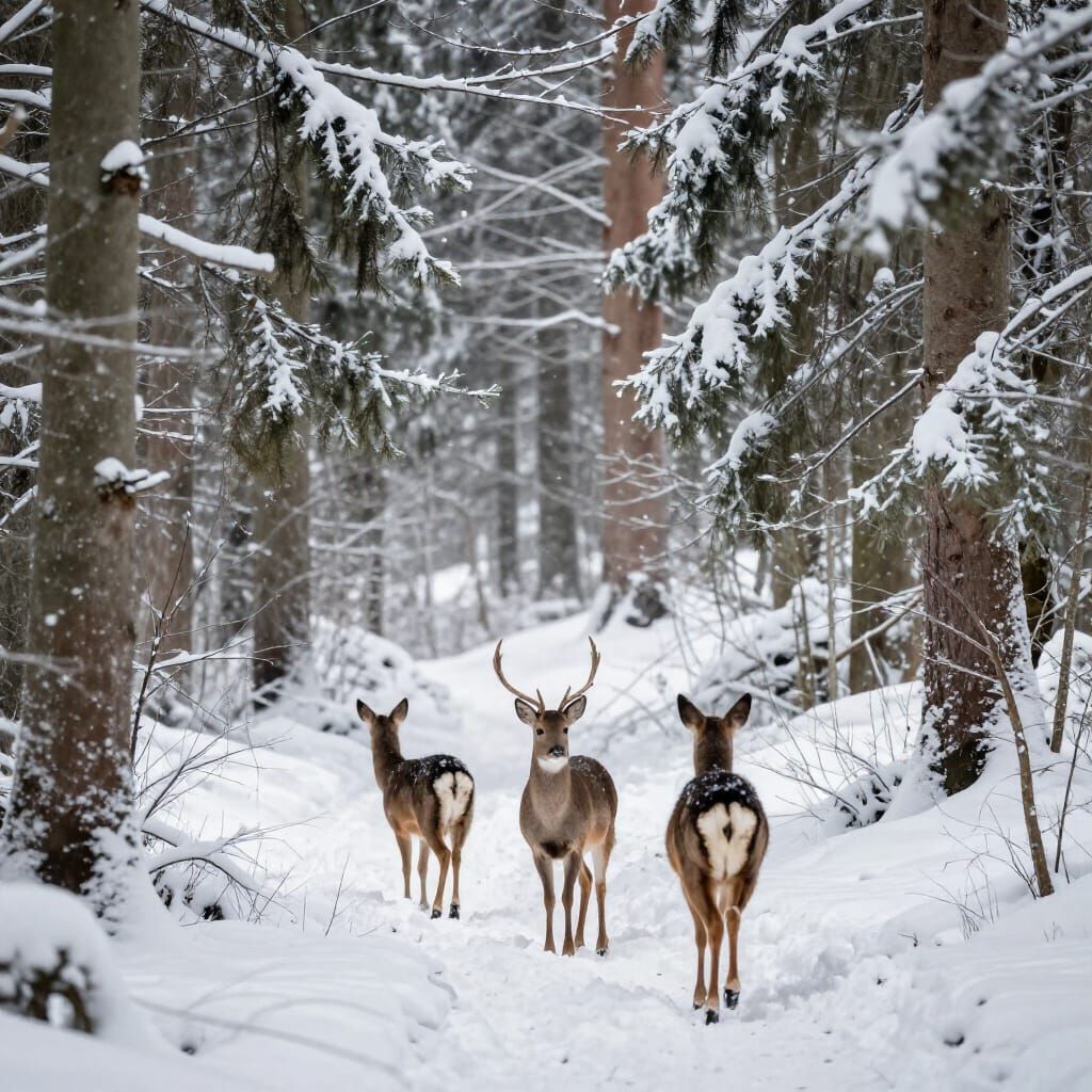 Deer and Does Wander Through Snowy Forest