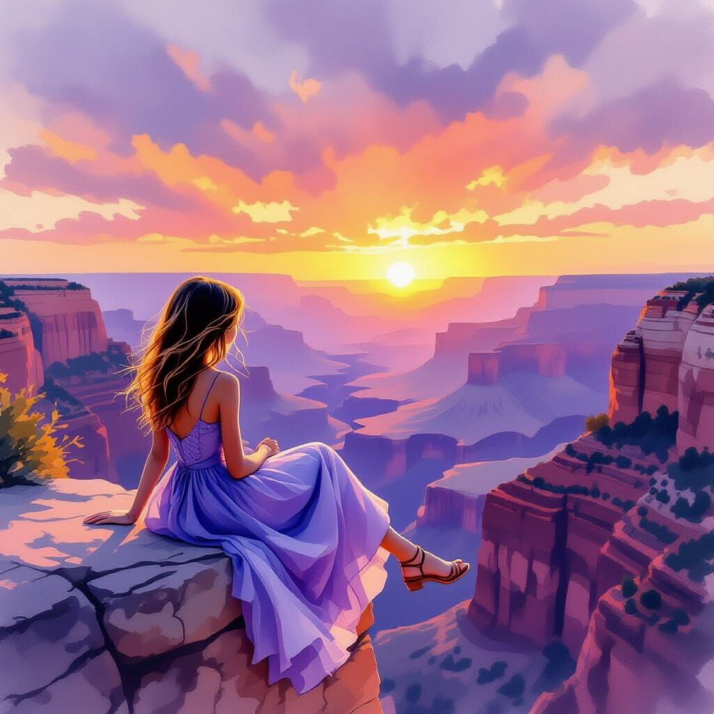 Girl at Grand Canyon in Watercolor Digital Art