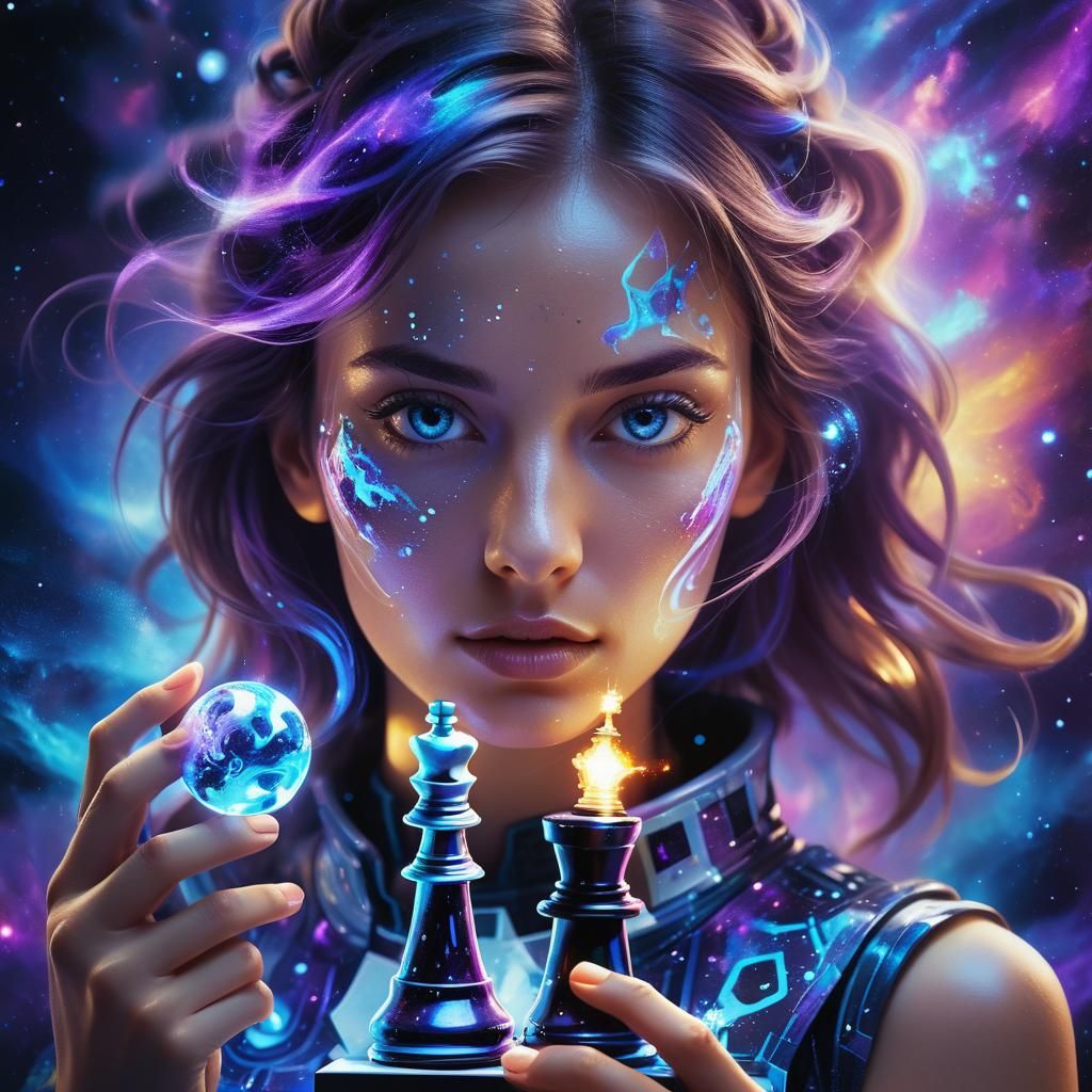 Futuristic Surrealism: Woman with Glowing Chess Piece