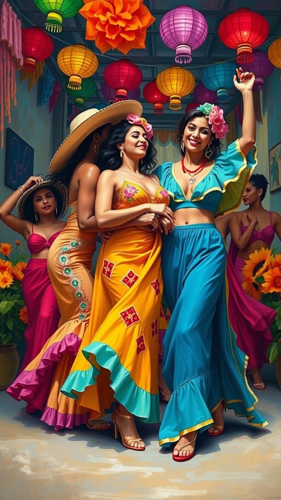 Vibrant Latinas Dance in Colorful Festival