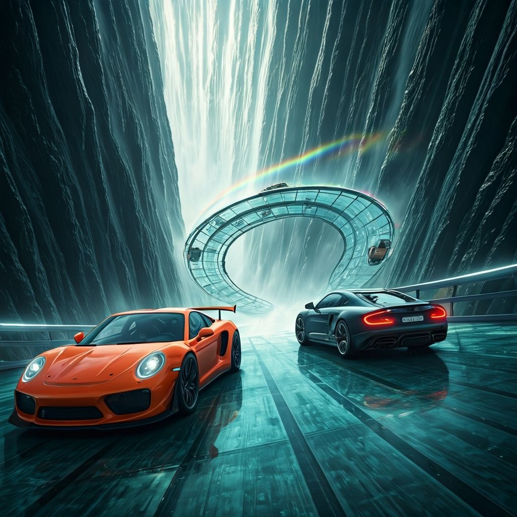 Luxury Cars Race Through Waterfall on Glass Road