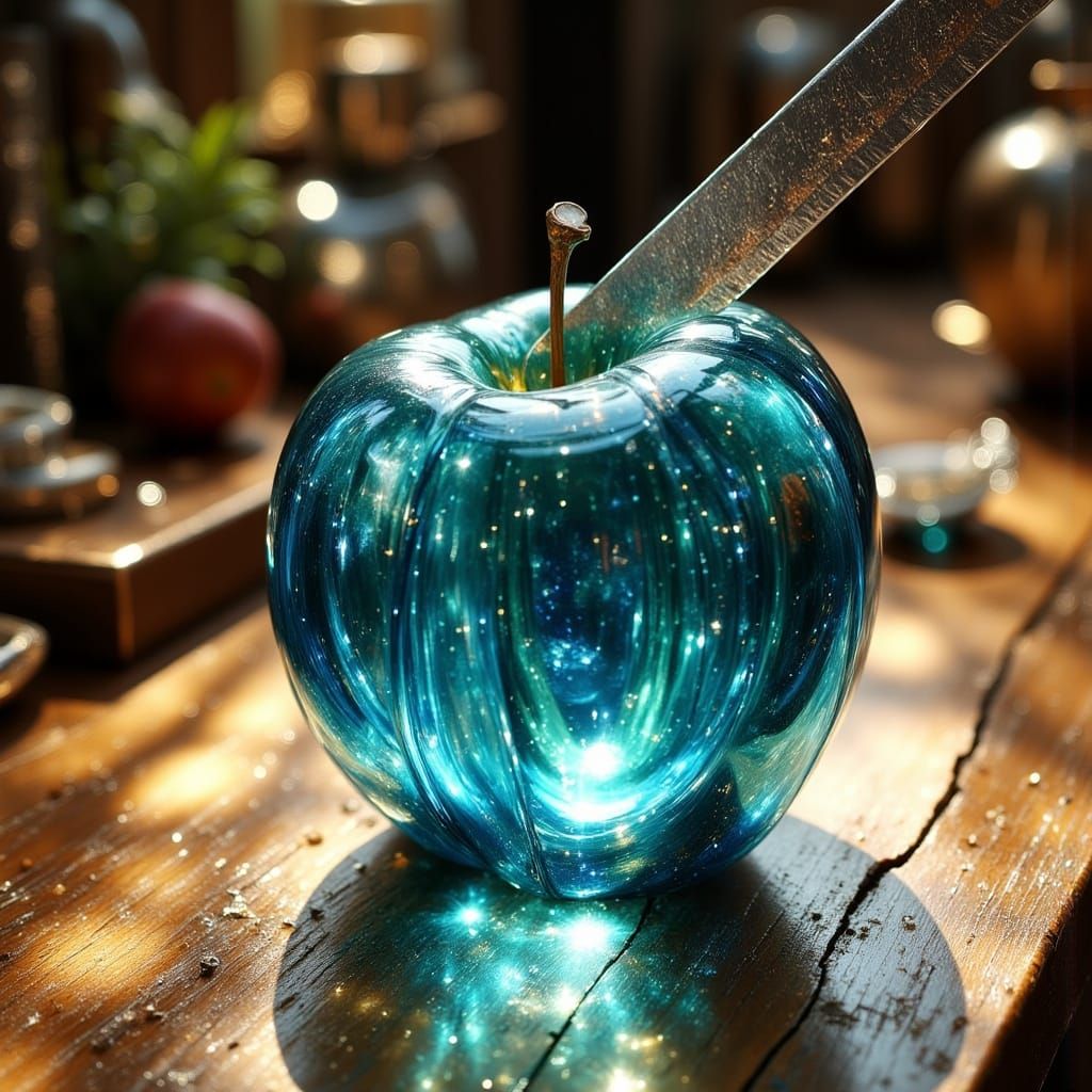 Futuristic Glass Apple on Rustic Table, Hyperrealistic Art