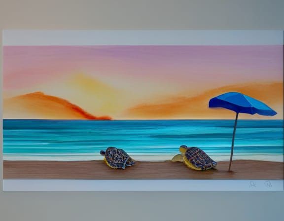 Watercolor Sunrise Beach with Sea Turtle Hatchlings