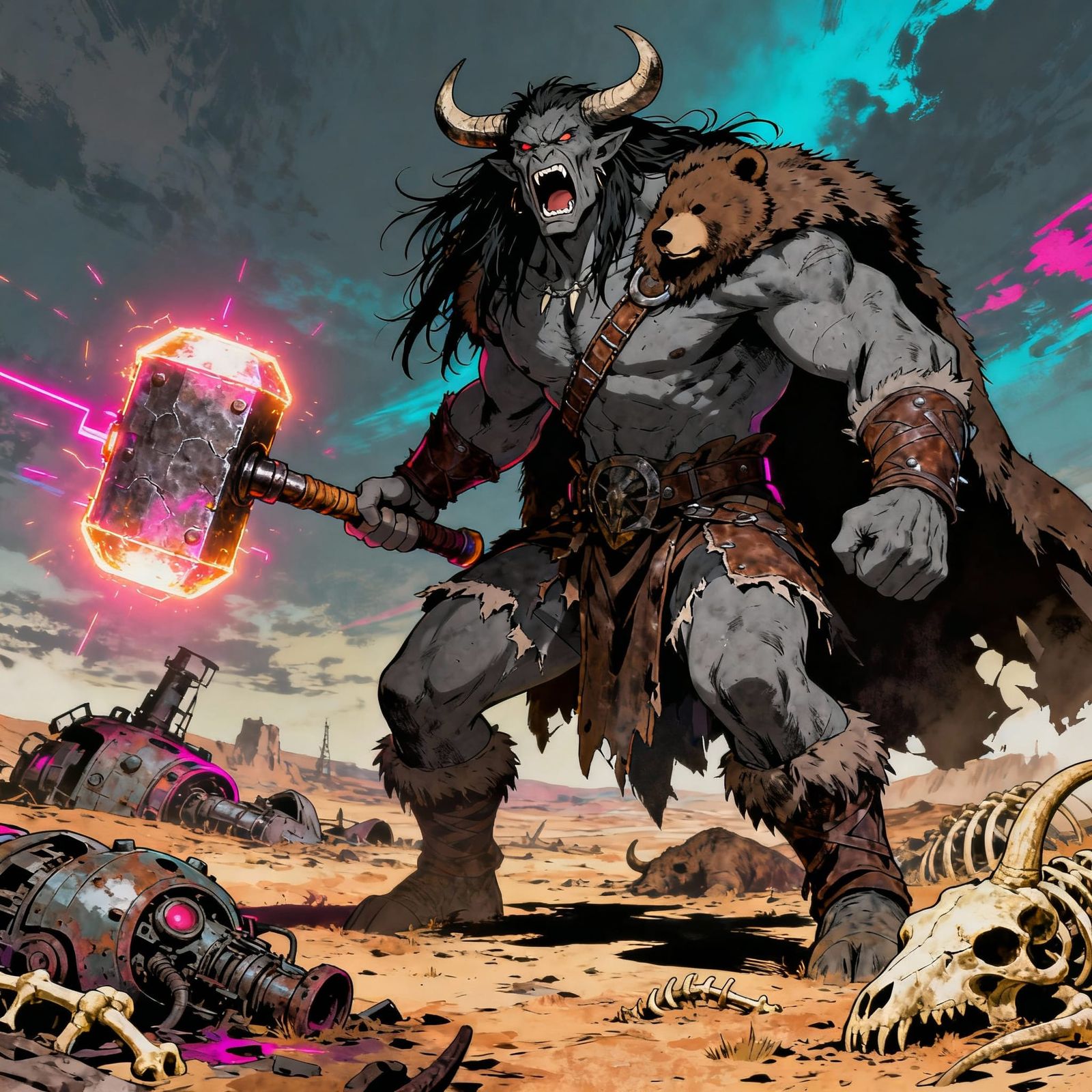 Muscular Grey Warrior With Glowing Hammer in Wasteland