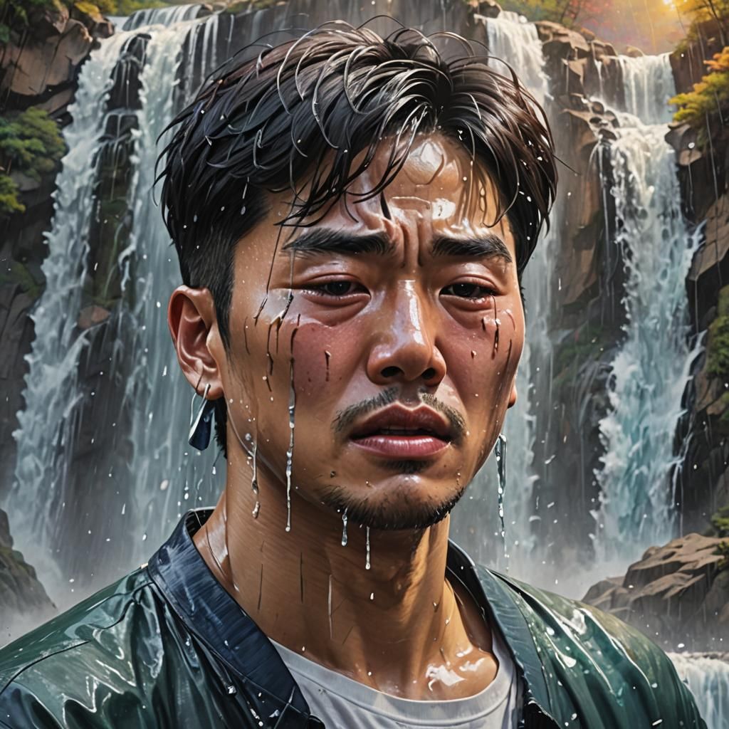 Korean Man Crying Waterfalls: Hyperrealistic Splash Art