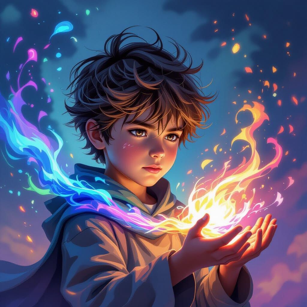 Young Boy Controls Swirling Winds in Epic Fantasy Art