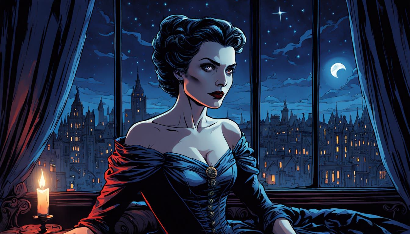 Vampire Countess Gazing at Gotham, Comic Book Art