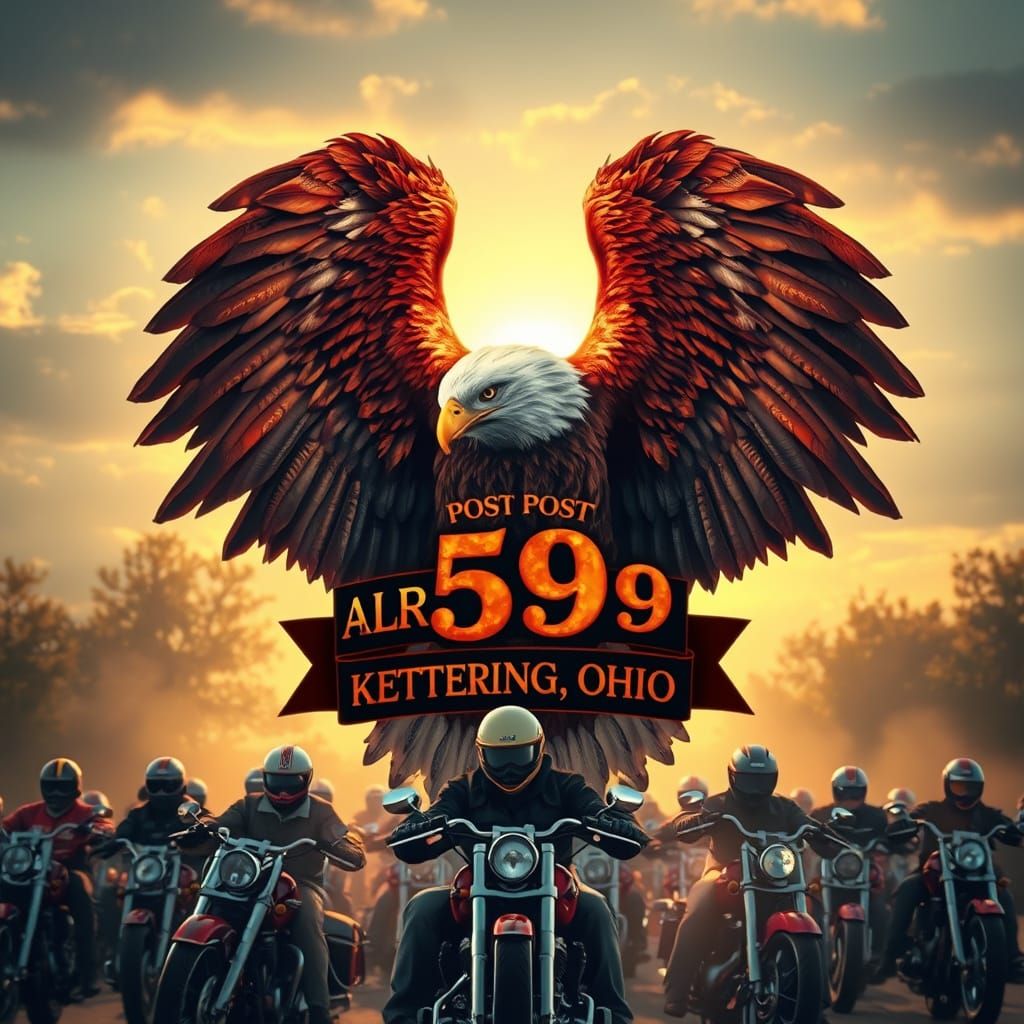 Majestic Eagle Cradling Text with Motorcycle Riders