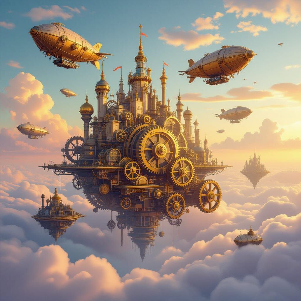 Steampunk City on Floating Gears in Pastel Sky