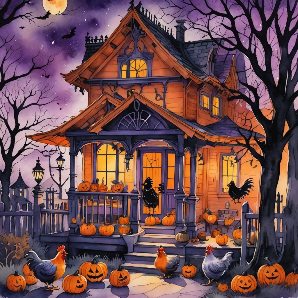 Chickens in Halloween Costumes: Watercolor Illustration