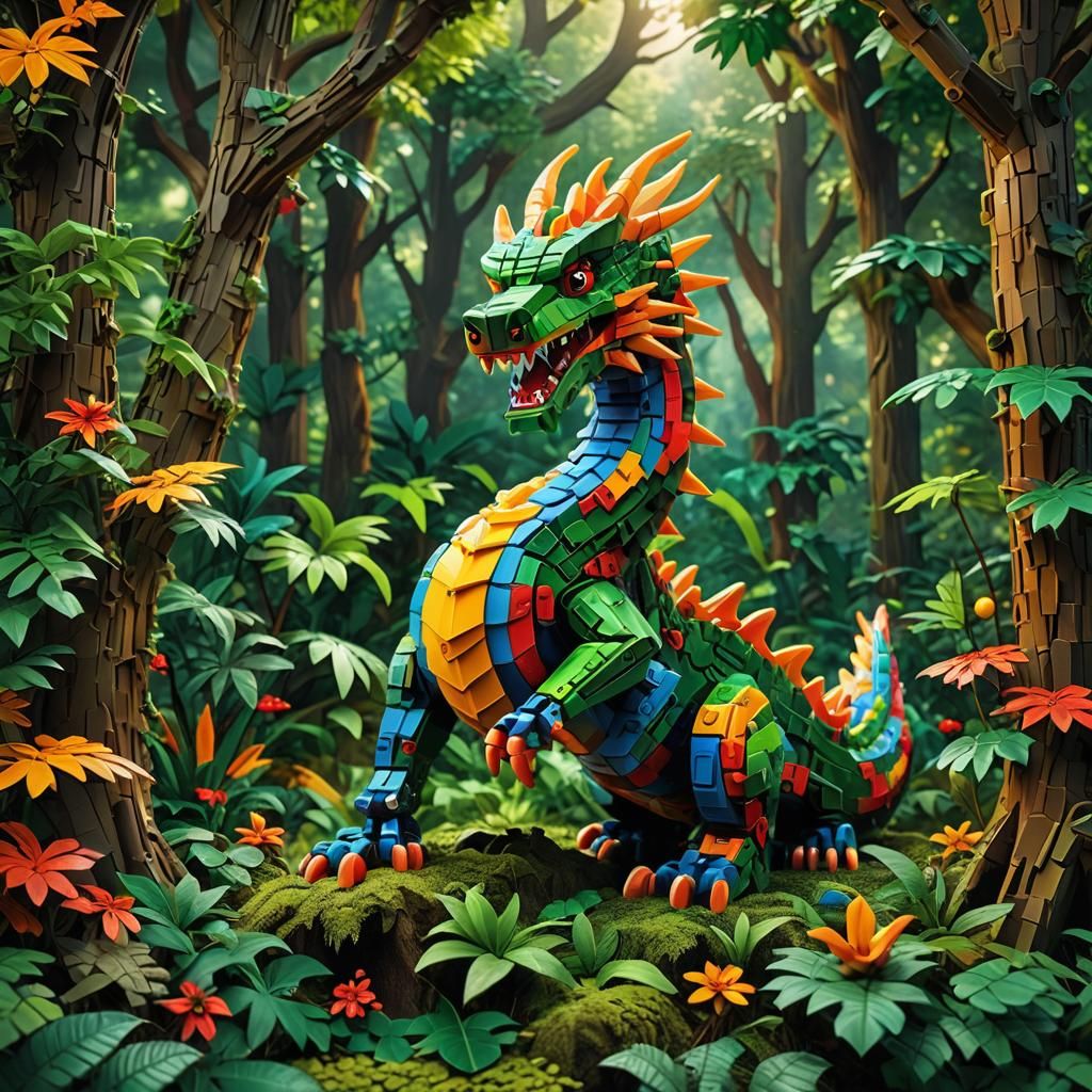Colorful LEGO Dragon in Forest: Digital Art