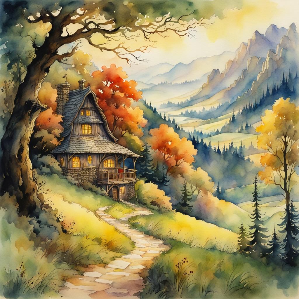 Magical Fairytale Valley in Watercolor Style