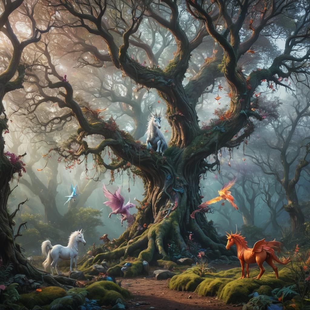 Fantasy realm with different magical creatures