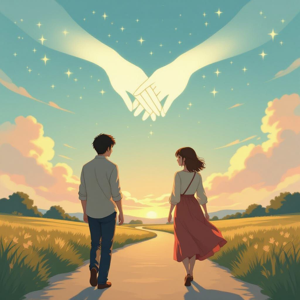 Ethereal Sky: Two Figures on Parallel Paths