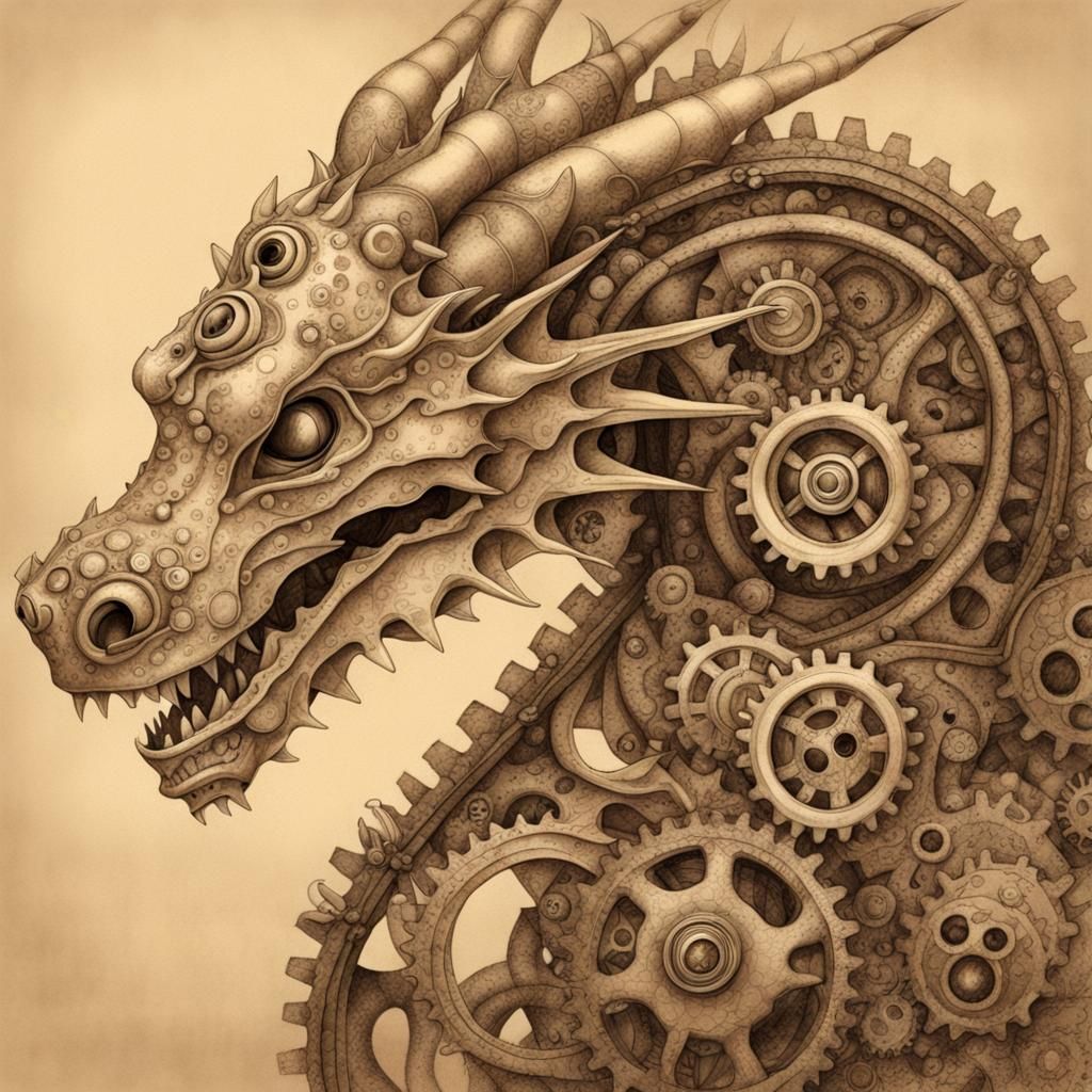Mechanical Dragon Pencil Art in Sepia Tones