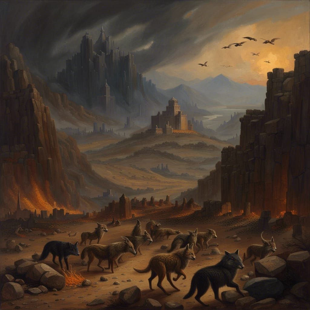 Epic Battle Aftermath: Wolves Feast Under Cloudy Skies