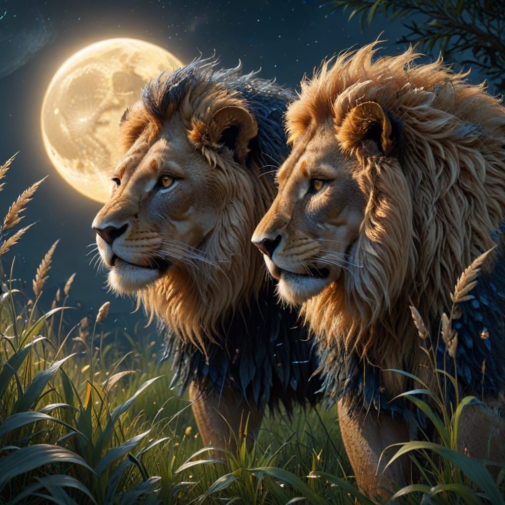 Moonlit Lion Hunt in Fantasy Style