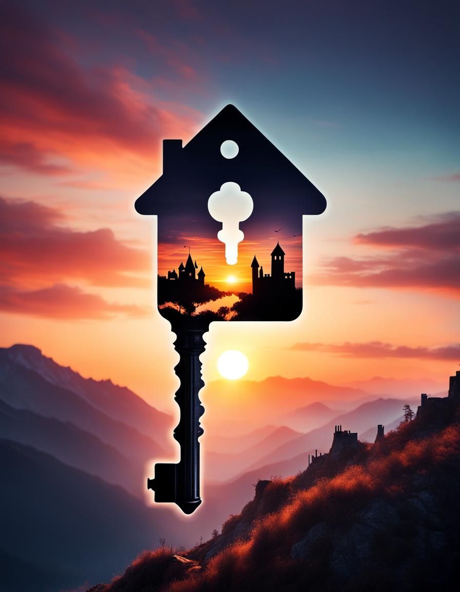 Sunset Castle Key Silhouette: Ultra Realistic Double Exposur...