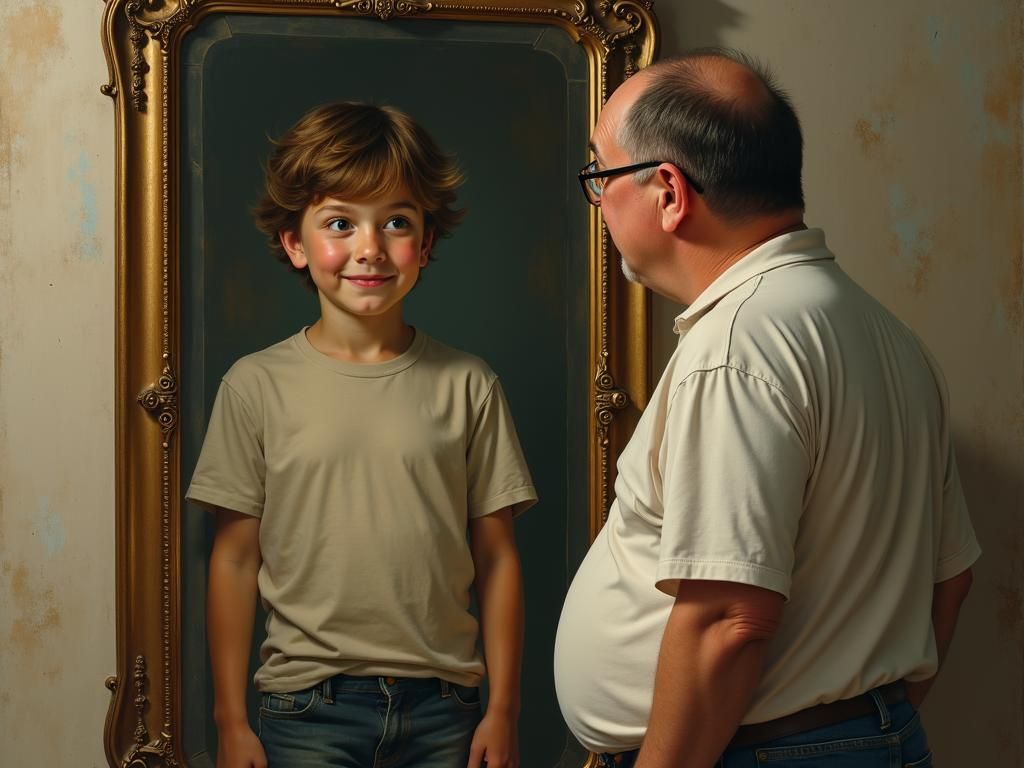 Nostalgic Reflection: Man Sees Youth in Mirror