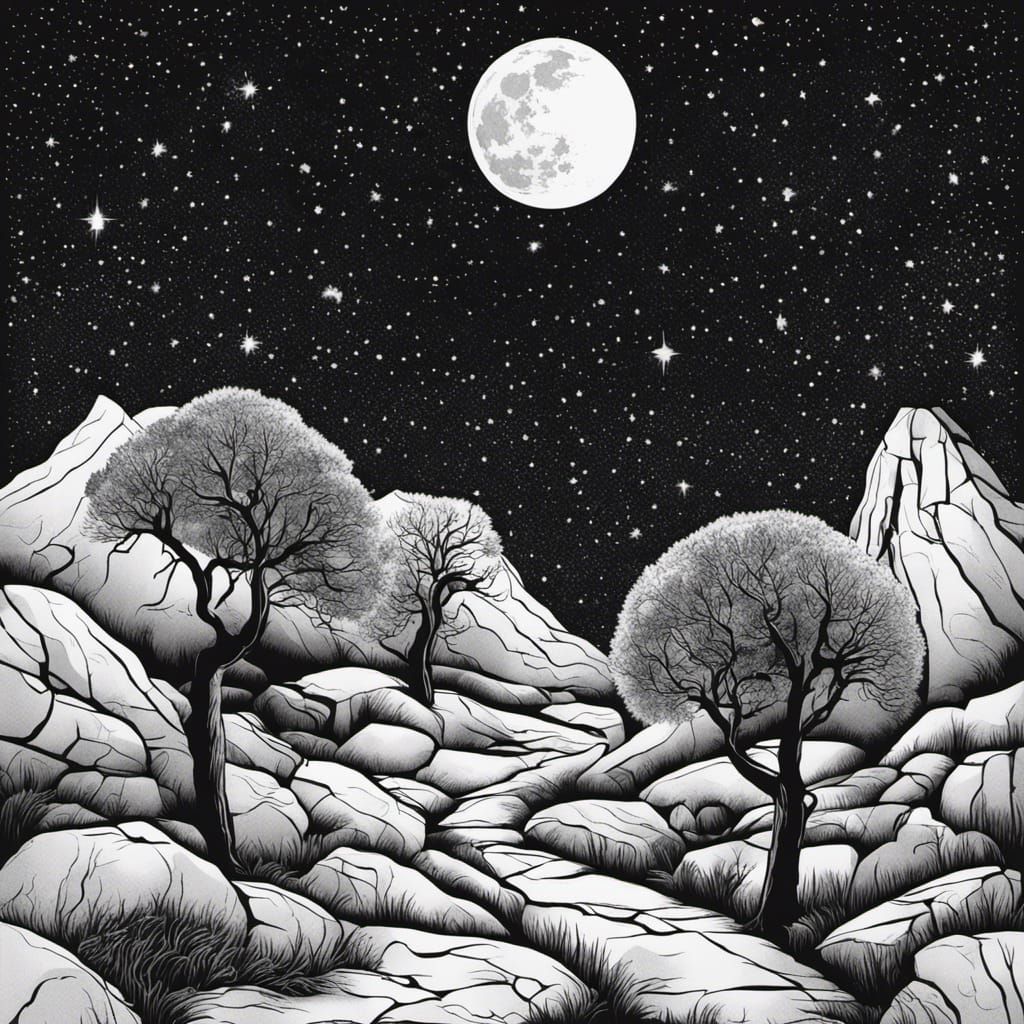 Monochrome Starry Stone Path in Art Brut Style