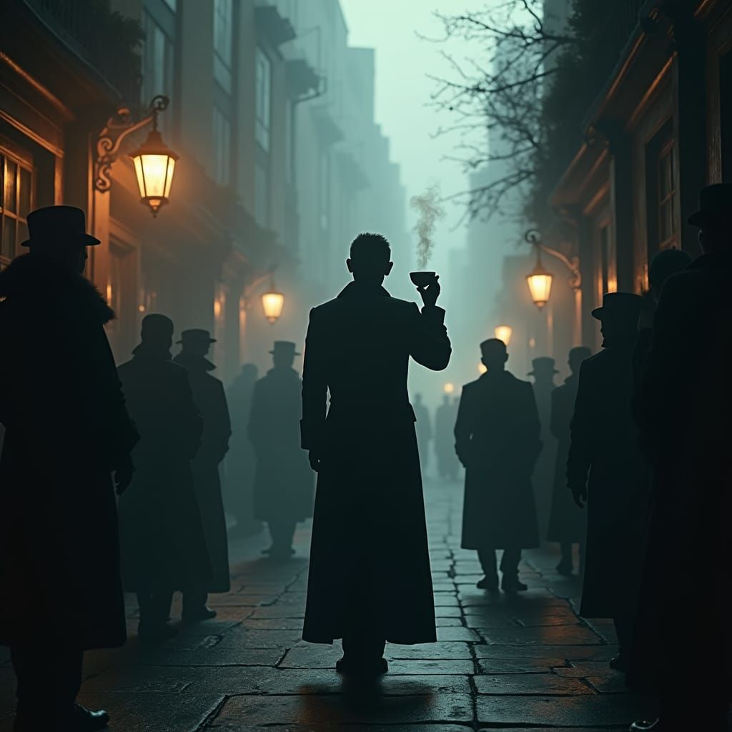 Victorian Silhouette Defends Tea in Misty London Alley