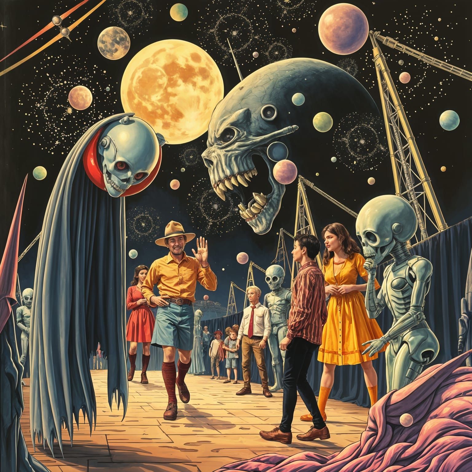 Cosmic Horror Carnival in Retro Sci-Fi Style