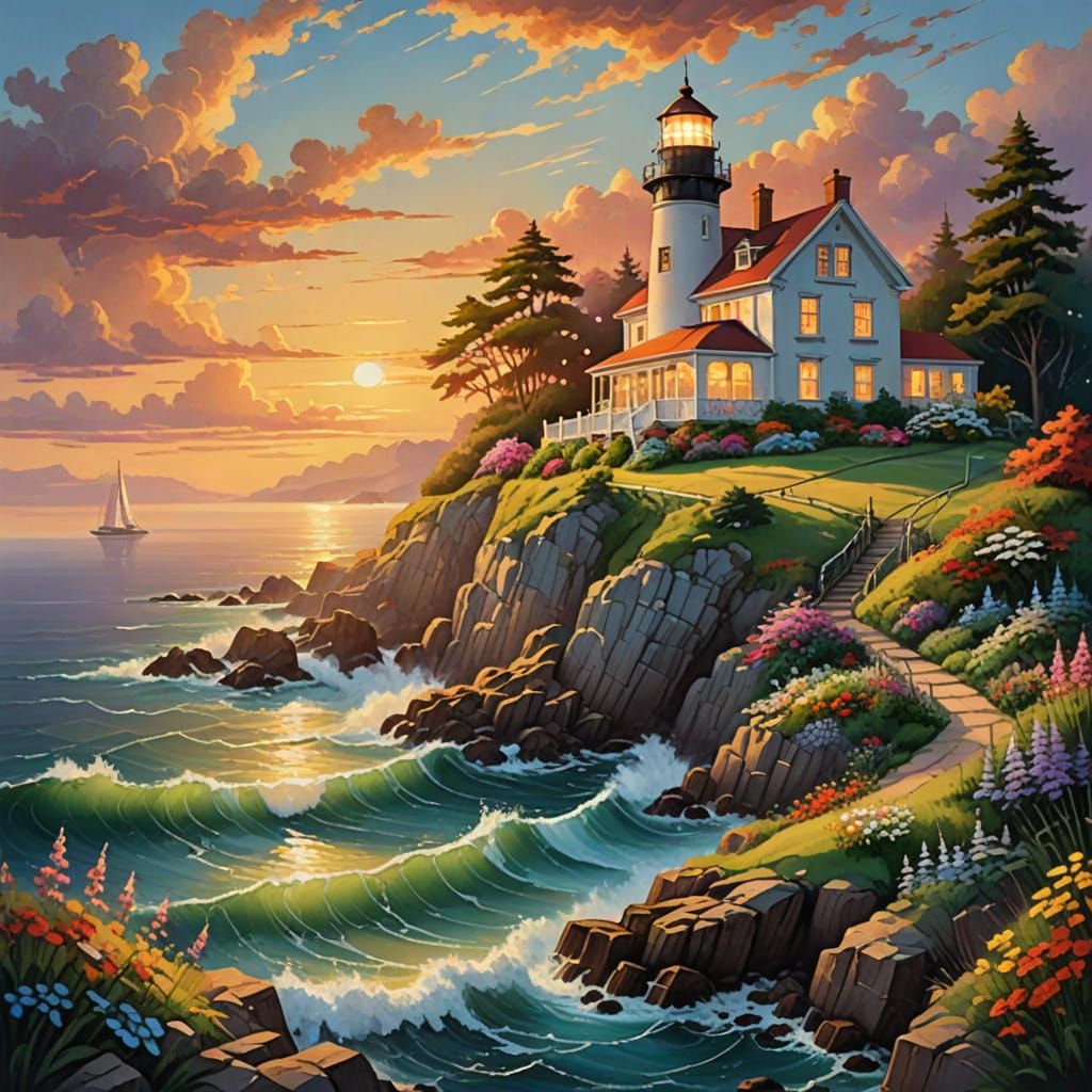 Seaside Lighthouse Cottage Painting with Golden Sunset