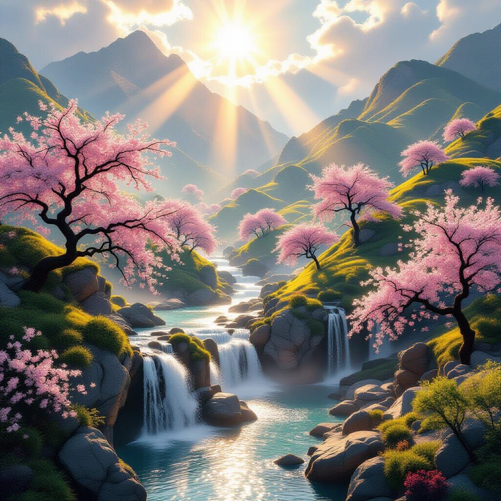 Serene Cherry Blossom Valley with Waterfalls