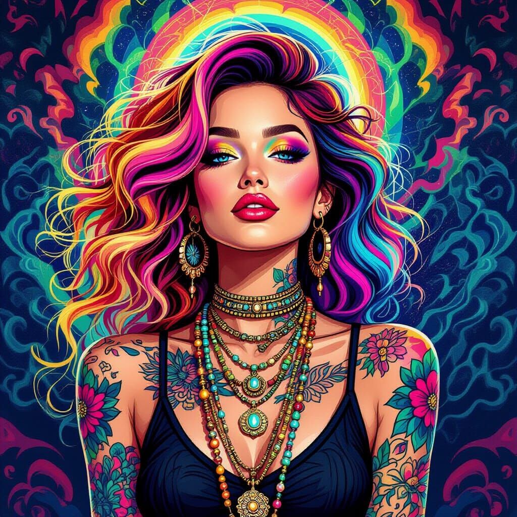 Vibrant Woman with Rainbow Hair and Tattoos