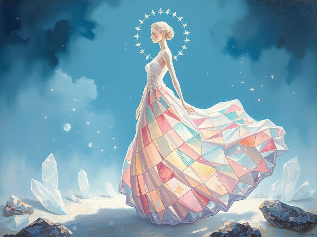 Impasto Painting of Crystal Woman with Luminous Gown