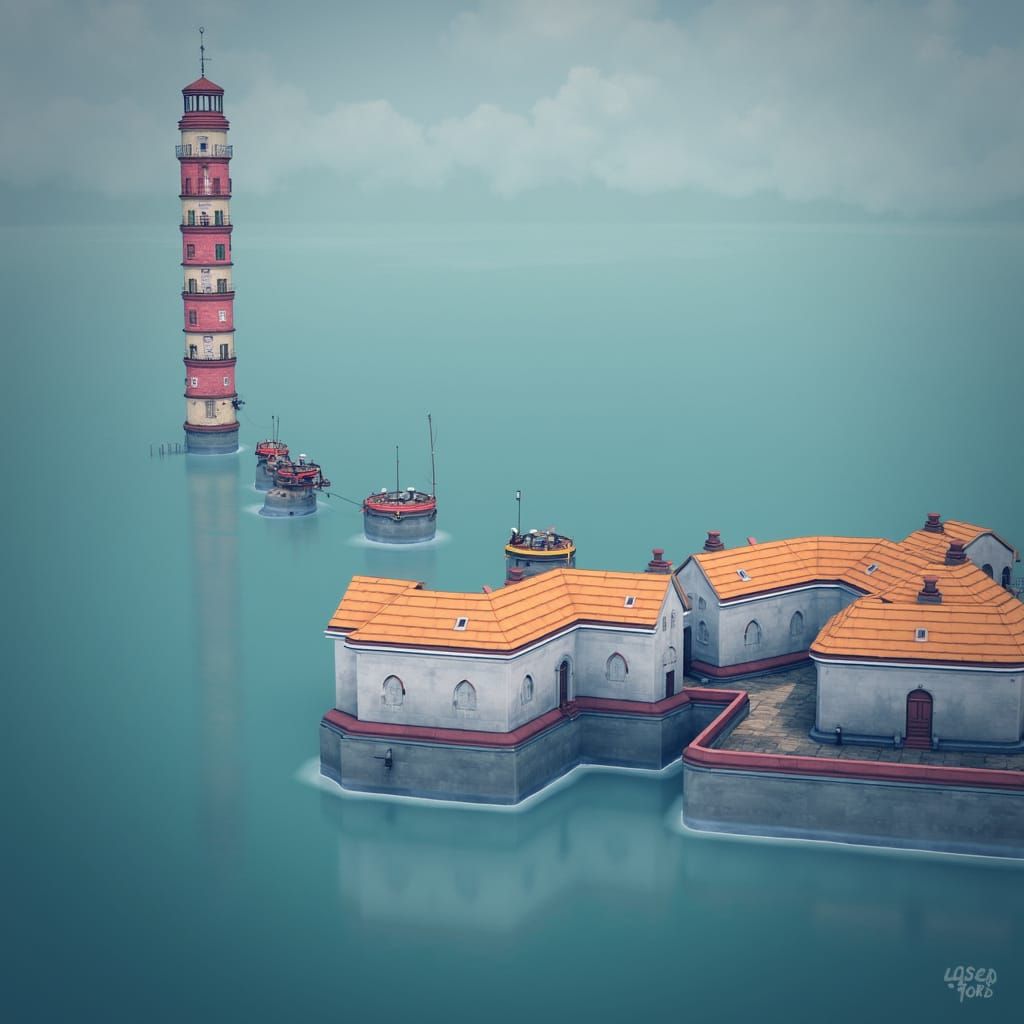 Ethereal Seaside Townscape in Dark Romanticism