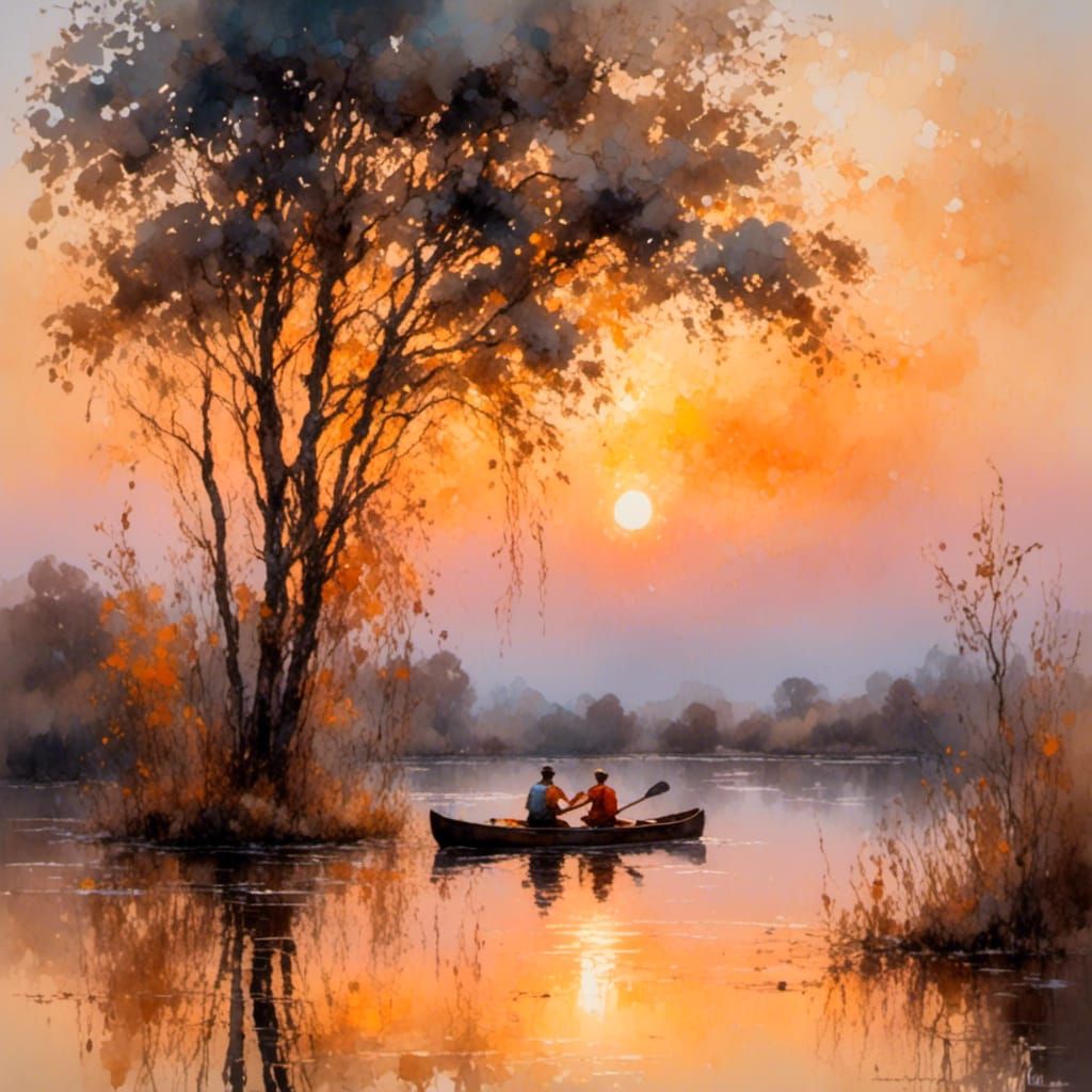 Sunset Canoe Ride: An Impressionistic Watercolor Painting