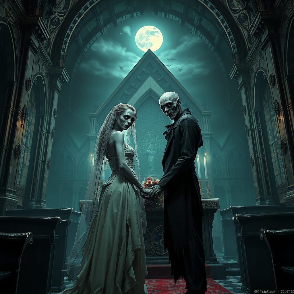 Macabre Gothic Wedding Scene in Dark, Moody Church