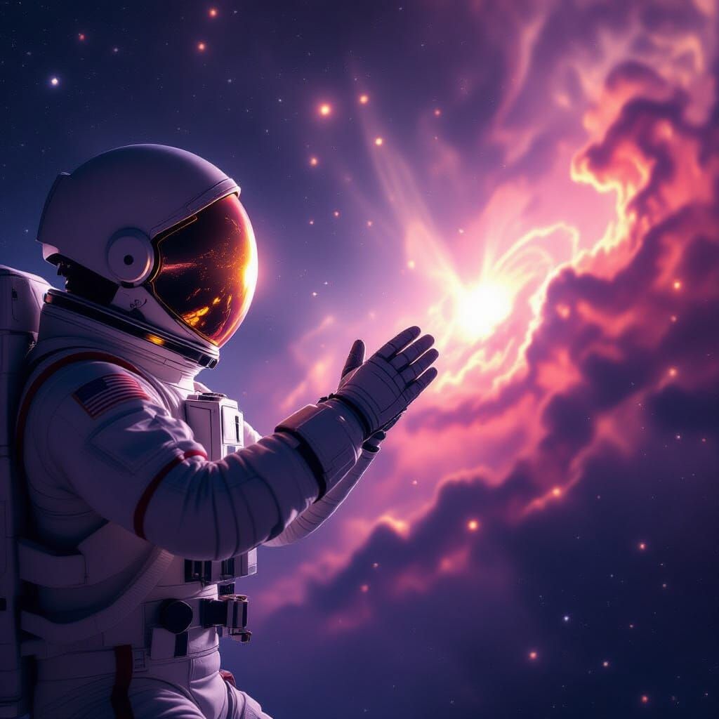 Astronaut Reaches for Glowing Nebula in Cinematic Sci-Fi