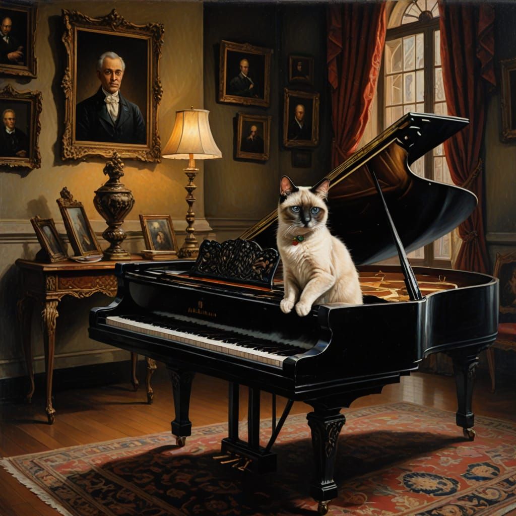 Siamese Cat on Grand Piano in 1700s Italian Salon