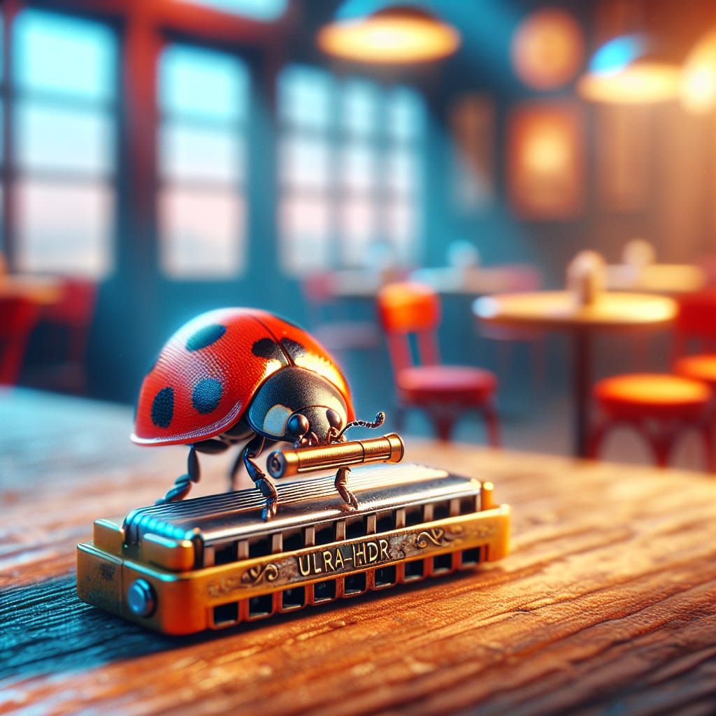 Ladybug Plays Harmonica in Ultra-HDR Cinematic Scene