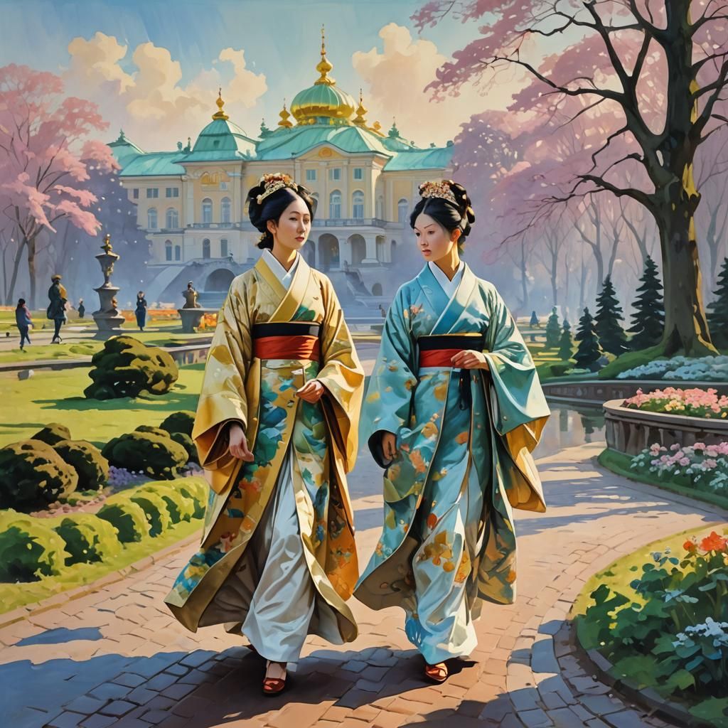 Japanese Women in Peterhof Park: A Fantasy Painting