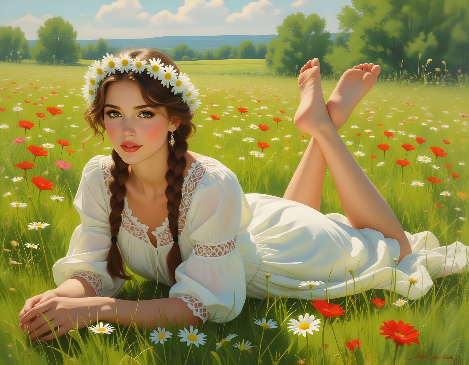 Woman in Summer Meadow, Hyperrealistic Floral Art