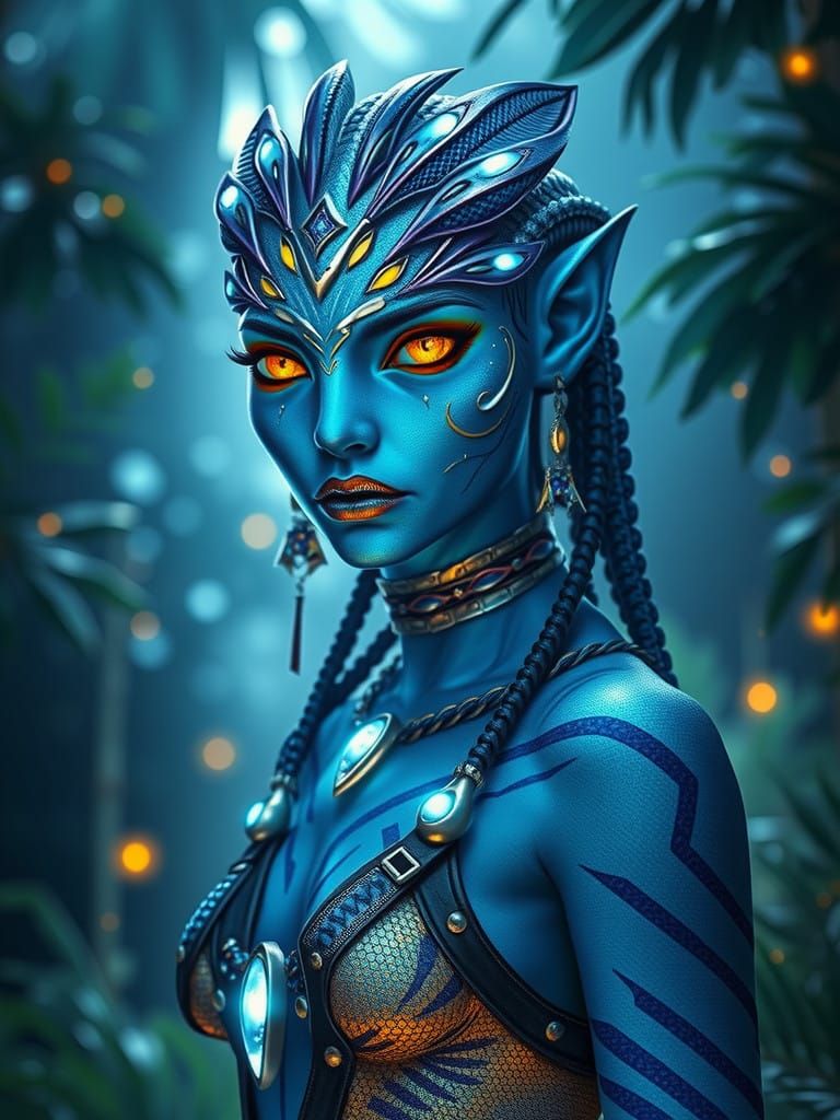 A Navi woman with iridescent, glimmering blue skin, adorned in intricately woven, organic attire crafted from natural fi...