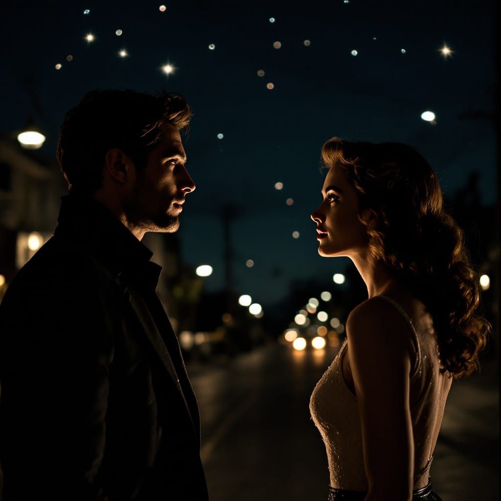 Romantic Moment Under 1950s Cinematic Stars