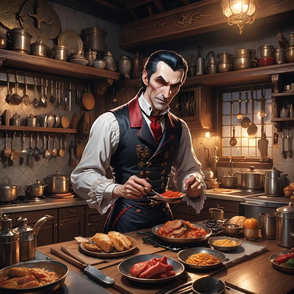 Dracula Cooks: Vibrant 3D Anime Art in Kitchen