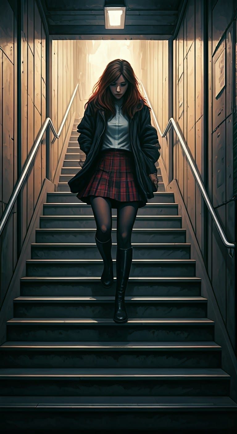 Elegant Woman Descends Subway Stairs in Moody Film Noir Styl...