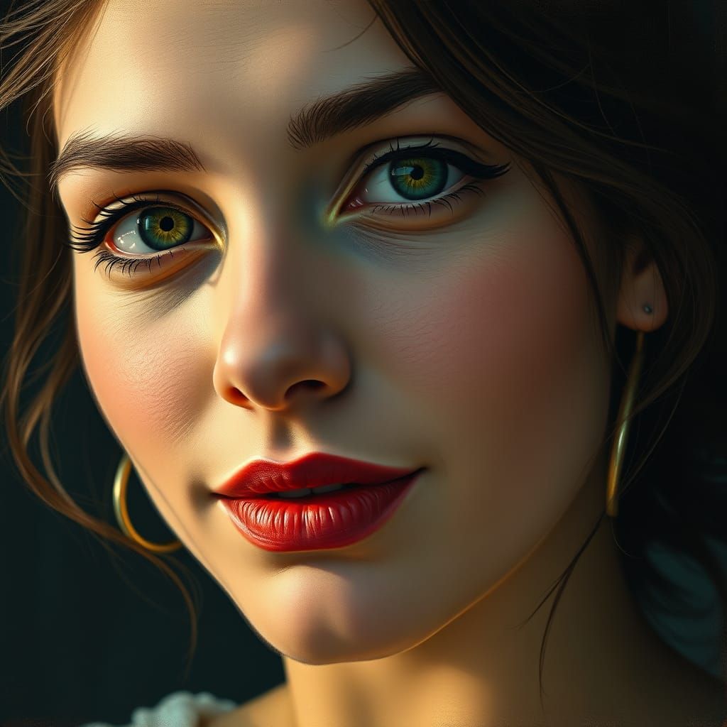 Seductive Green-Eyed Beauty in Chiaroscuro