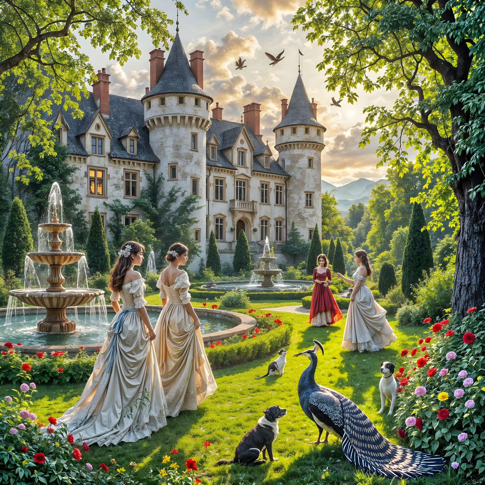 Medieval Castle Summer Scene with Ladies and Animals