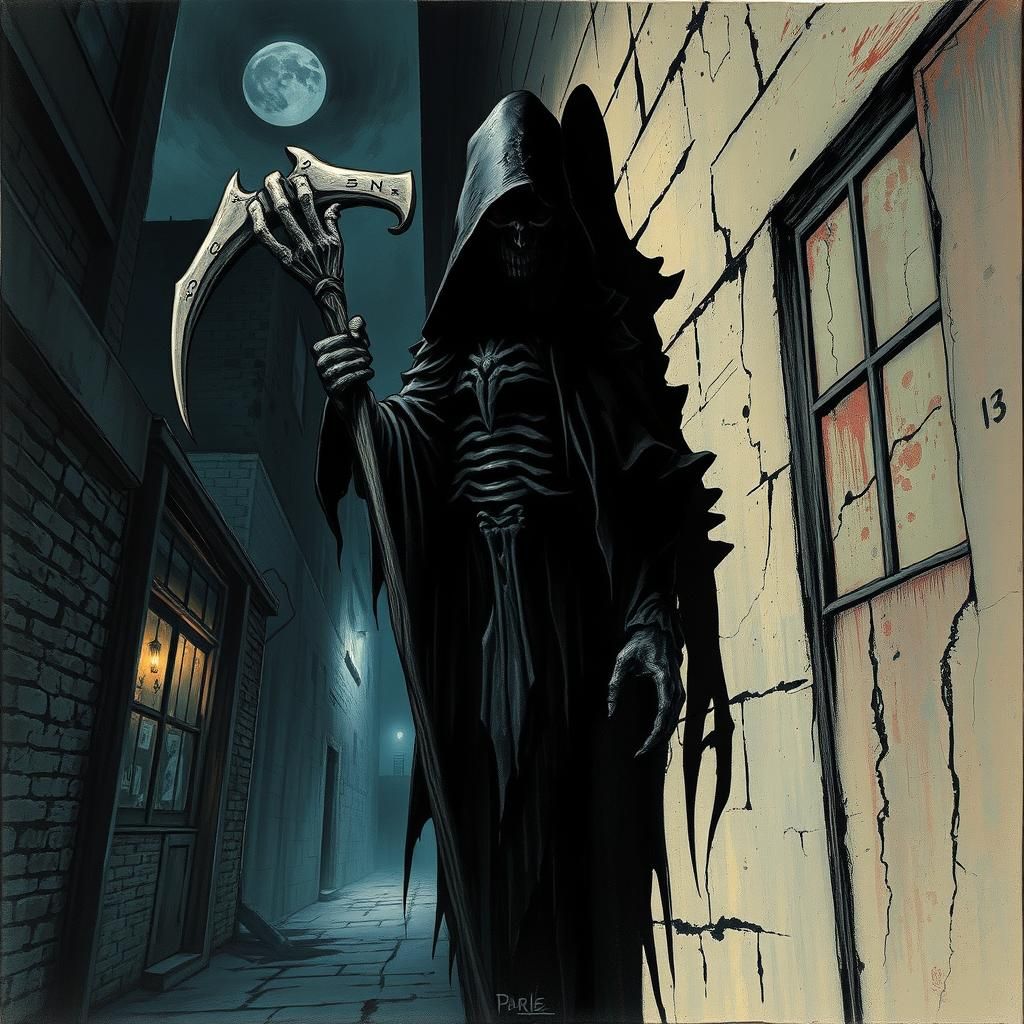 Grim Reaper Shadow in Dark Alley