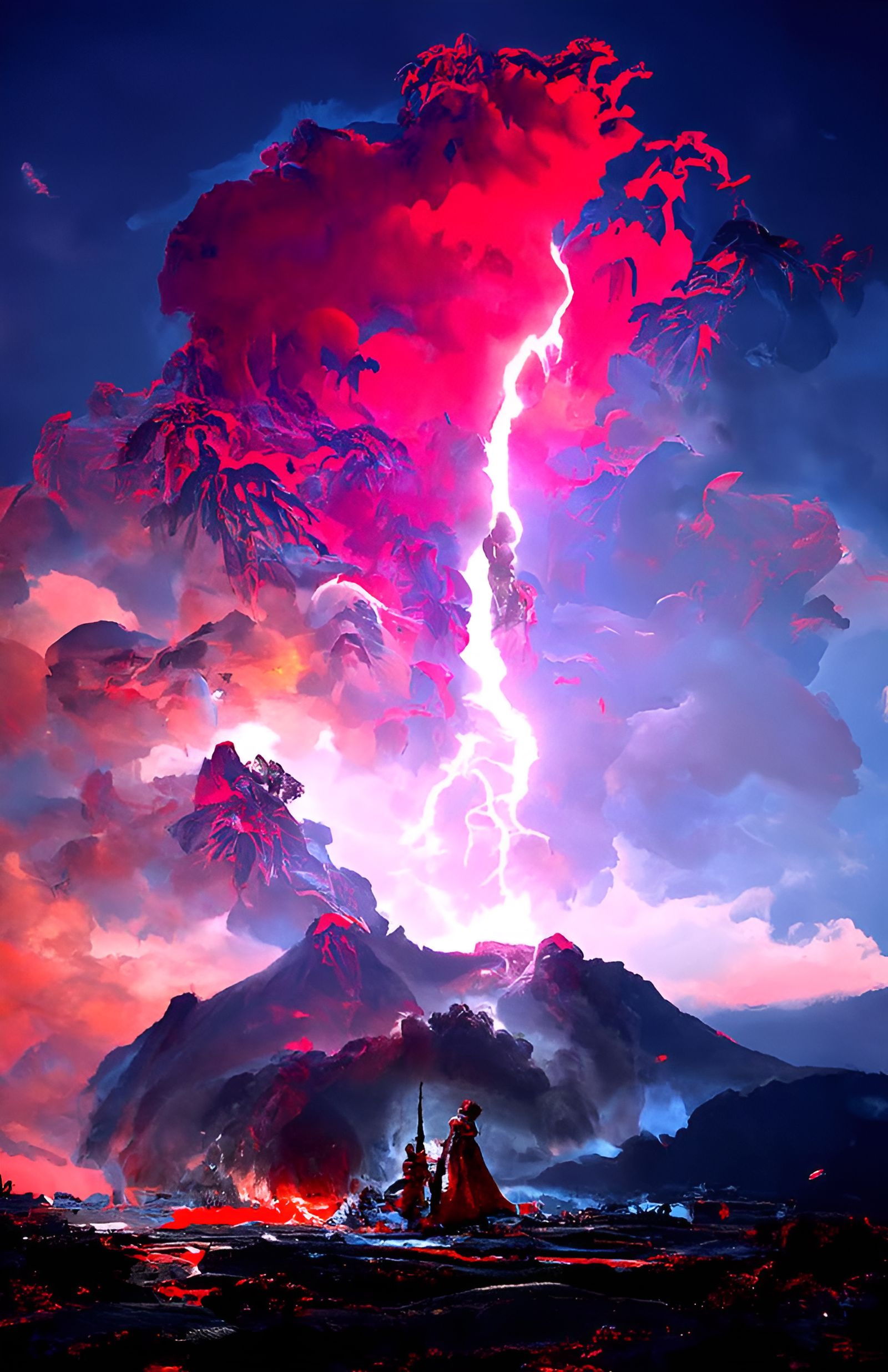 Volcanic Eruption Under Lightning Sky: Digital Art