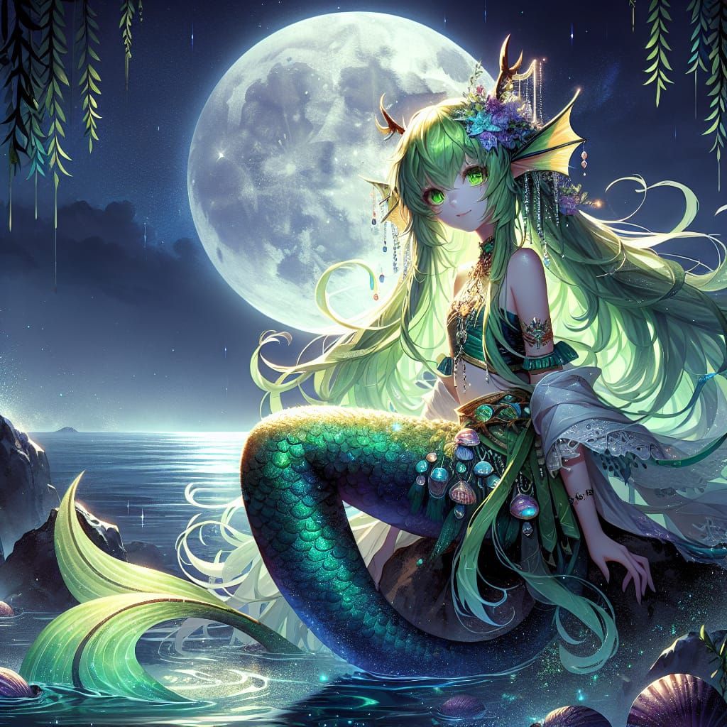 Anime Satyr Mermaid in Ethereal Moonlight, Digital Art