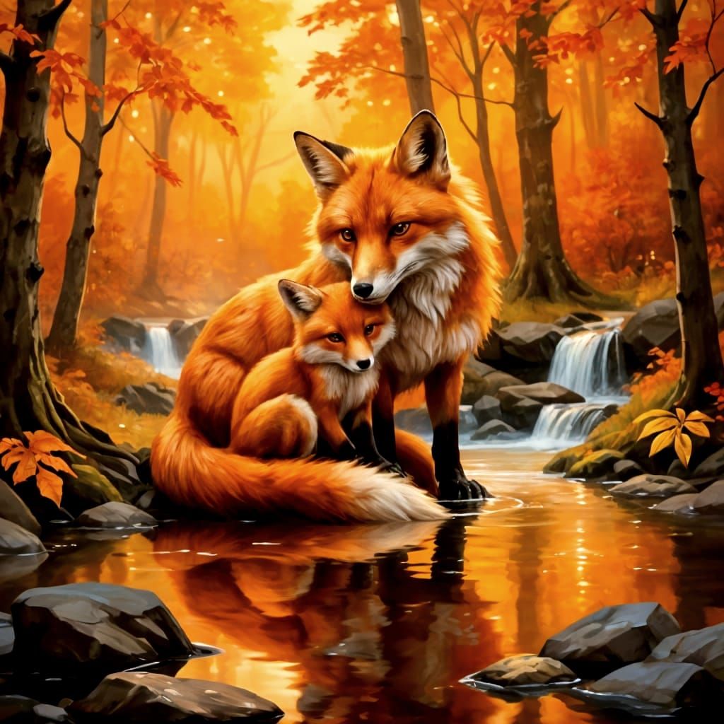 Impasto Painting of a Russet Fox and Cub in a Golden Forest