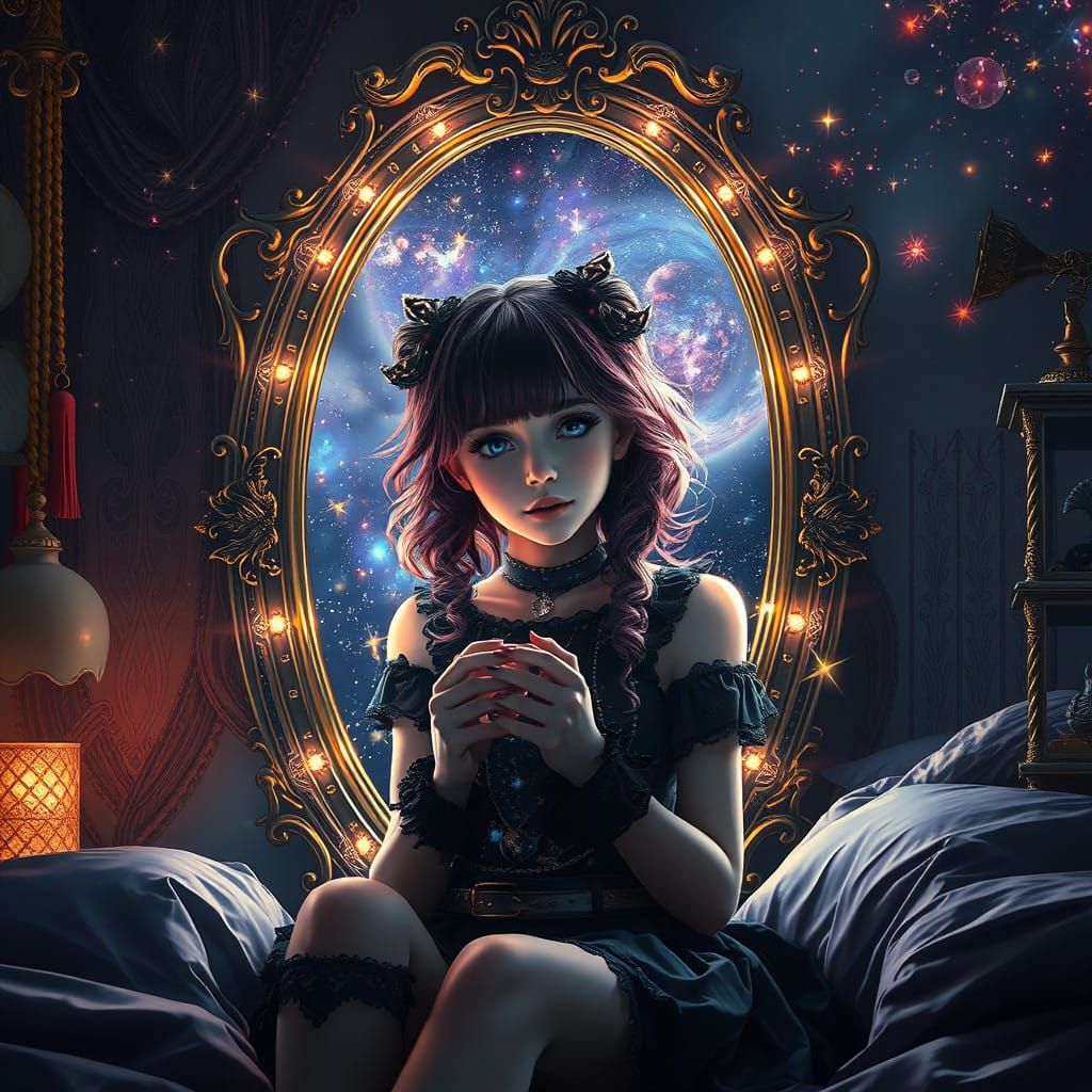 Goth Girl's Cosmic Reflection in Dreamlike Digital Painting