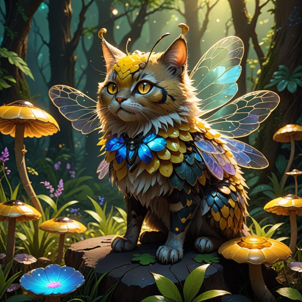 Vibrant Bee Cat in Fantastical Forest
